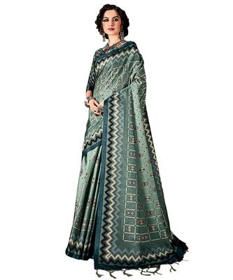 green printed art silk saree with blouse 1