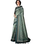 green printed art silk saree with blouse