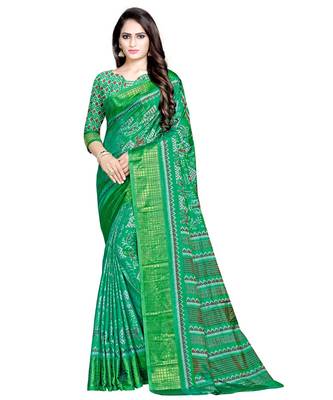 Green Printed art silk saree with blouse 1