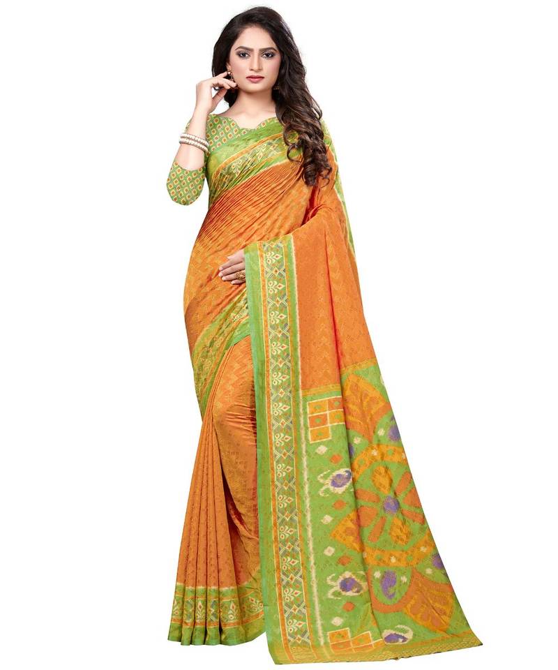 Orange Printed art silk saree with blouse