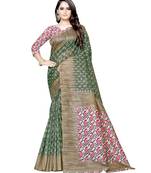 Green Printed art silk saree with blouse
