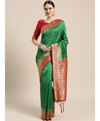 Green Woven Silk Blend saree with blouse 1