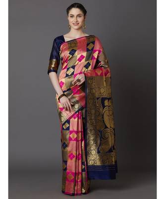 blue Woven Silk Blend saree with blouse 1