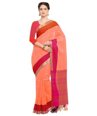 peach plain Silk Blend saree with blouse 1