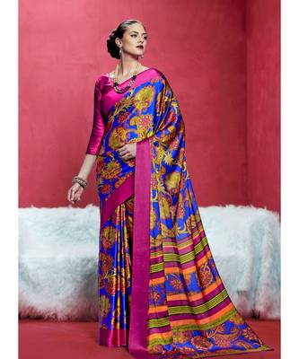 Blue Printed satin saree with blouse 1