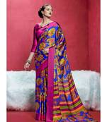 Blue Printed satin saree with blouse