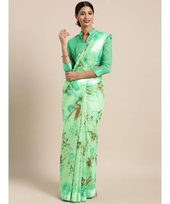 Green Printed cotton saree with blouse 1