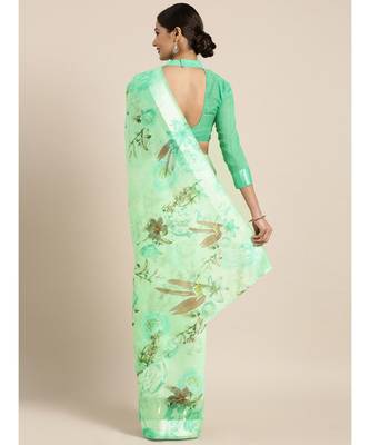 Green Printed cotton saree with blouse 2