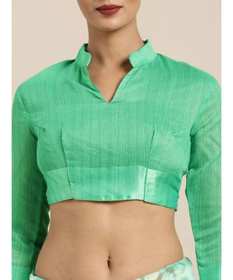 Green Printed cotton saree with blouse 4