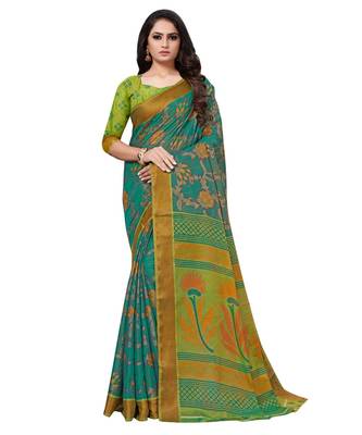 Green plain brasso saree with blouse 1