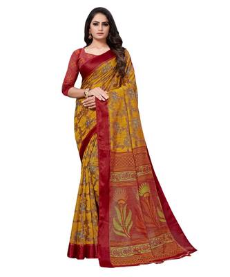 yellow plain brasso saree with blouse 1