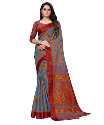 Blue plain brasso saree with blouse 1