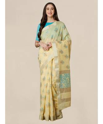 Yellow plain cotton saree with blouse 1
