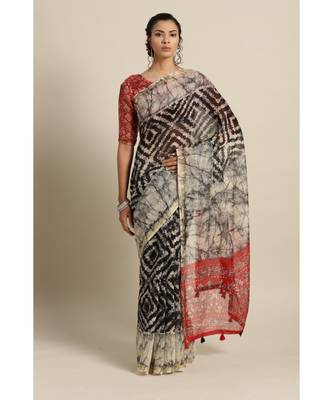 Black Printed Cotton saree with blouse 1