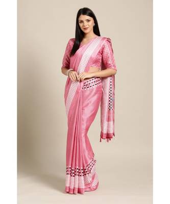 Pink Printed linen saree with blouse 1
