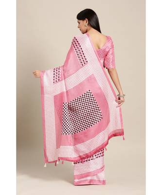 Pink Printed linen saree with blouse 2