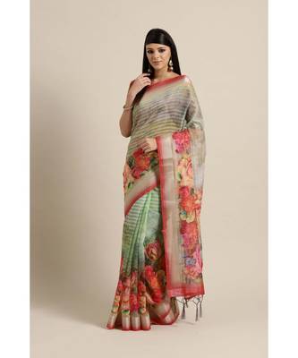 Green printed Linen saree with blouse 1
