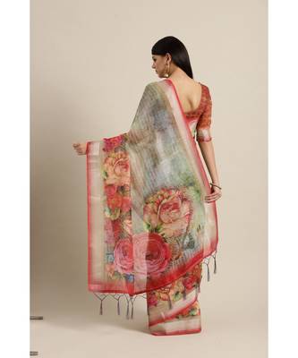 Green printed Linen saree with blouse 2