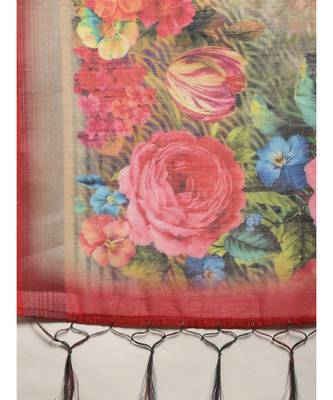 Green printed Linen saree with blouse 4
