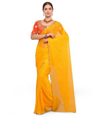 Yellow printed Chiffon saree with blouse 1