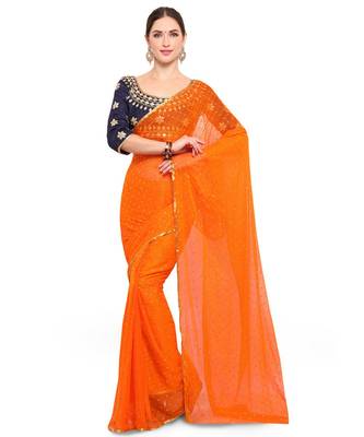 Orange printed Chiffon saree with blouse 1