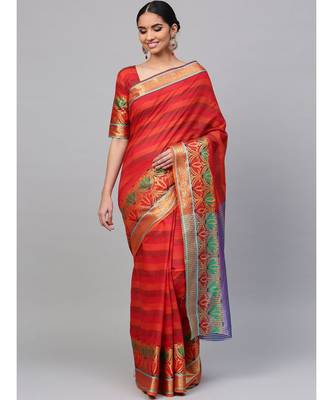 red Woven cotton saree with blouse 1