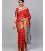 red Woven cotton saree with blouse