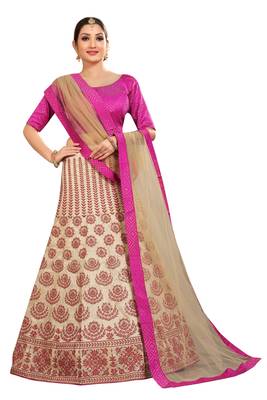 Beige embroidered
 silk semi stitched lehenga 1