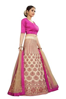 Beige embroidered
 silk semi stitched lehenga 3