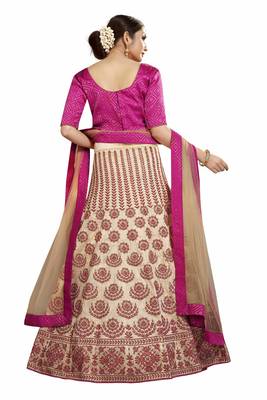 Beige embroidered
 silk semi stitched lehenga 4
