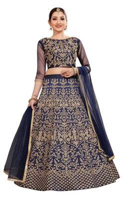 Blue embroidered
 silk semi stitched lehenga 1