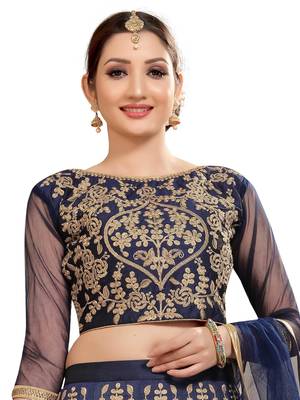 Blue embroidered
 silk semi stitched lehenga 2