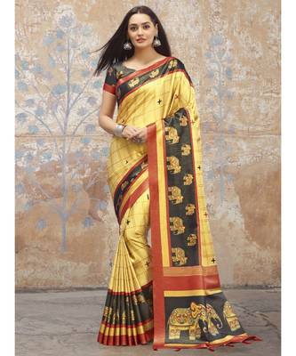 yellow printed Silk Blend saree with blouse 1