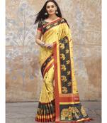 yellow printed Silk Blend saree with blouse