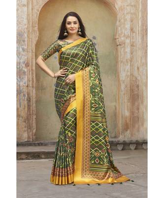 green printed Silk Blend saree with blouse 1