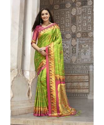 Green printed Silk Blend saree with blouse 1