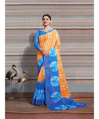Yellow printed Linen saree with blouse 1
