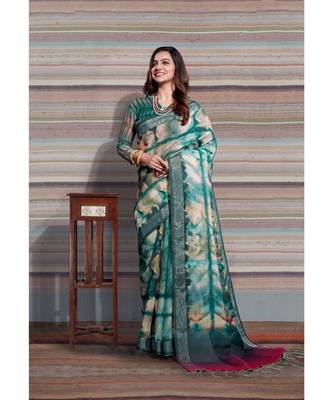green printed Linen saree with blouse 1