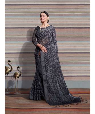 Black printed Linen saree with blouse 1