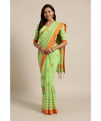 Green embroidered Linen saree with blouse 1