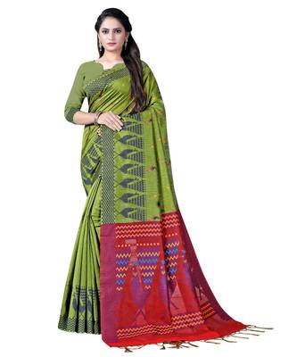 Green woven Cotton saree with blouse 1