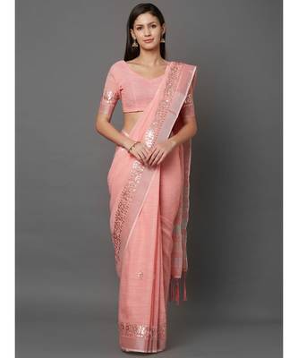Peach embroidered Linen saree with blouse 1