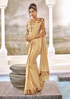 Cream plain lycra saree with blouse 1