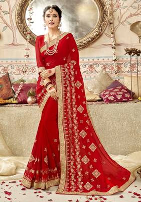 Red embroidered georgette saree with blouse 1