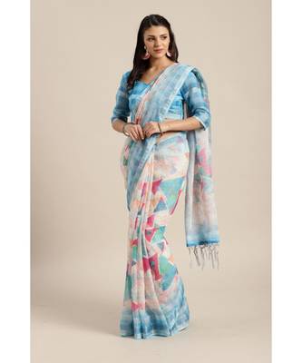 Cream Printed linen saree with blouse 1