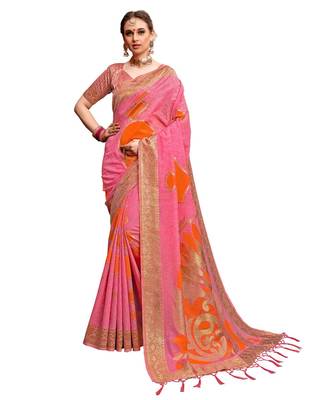 Pink woven cotton saree with blouse 1