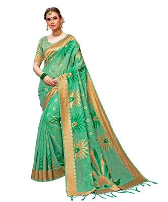 Green woven cotton saree with blouse 1