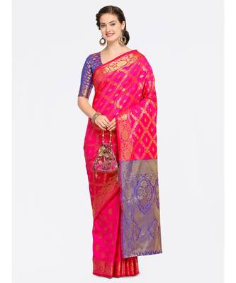 Pink woven art silk saree with blouse 1