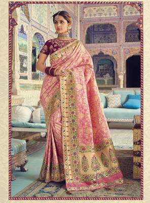 Pink woven silk saree with blouse 1
