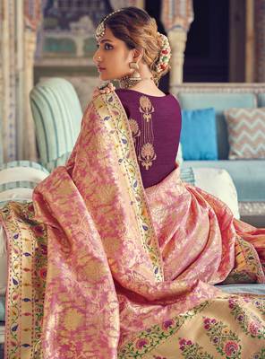 Pink woven silk saree with blouse 2